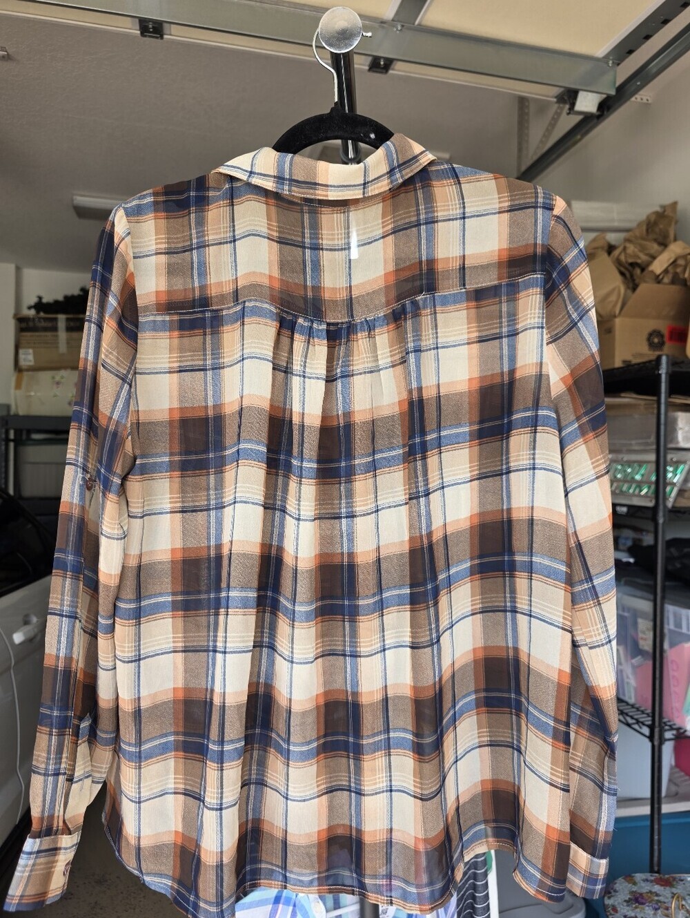 Honey Punch Plaid Button-Up Shirt in Cream, Blue & Rust Size Large - Picture 4 of 5